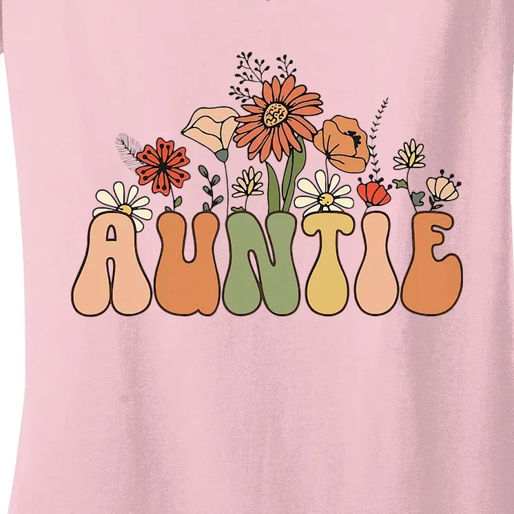 Retro Groovy Wildflowers Auntie Aunt Pregnancy Announcement Women's V-Neck T-Shirt