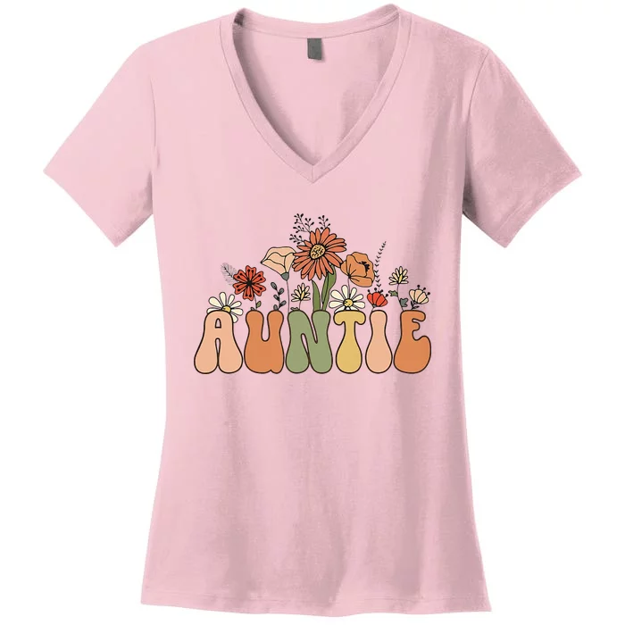 Retro Groovy Wildflowers Auntie Aunt Pregnancy Announcement Women's V-Neck T-Shirt