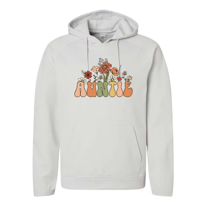 Retro Groovy Wildflowers Auntie Aunt Pregnancy Announcement Performance Fleece Hoodie