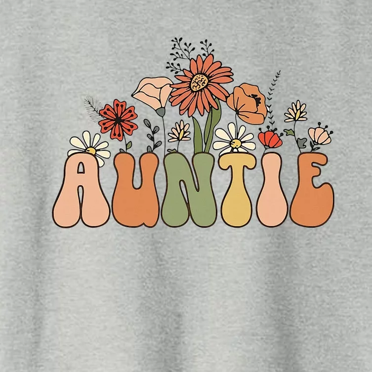 Retro Groovy Wildflowers Auntie Aunt Pregnancy Announcement Women's Crop Top Tee