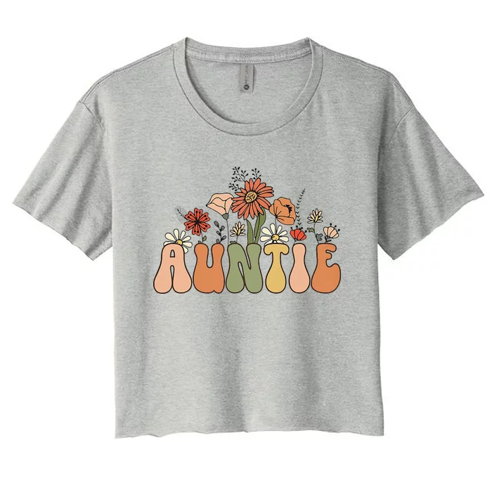 Retro Groovy Wildflowers Auntie Aunt Pregnancy Announcement Women's Crop Top Tee