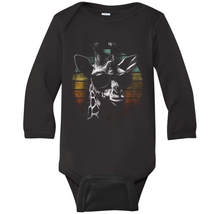 Retro Giraffe Wearing Sun Glasses Baby Long Sleeve Bodysuit