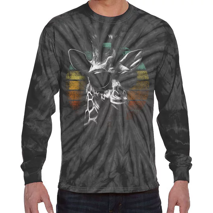 Retro Giraffe Wearing Sun Glasses Tie-Dye Long Sleeve Shirt