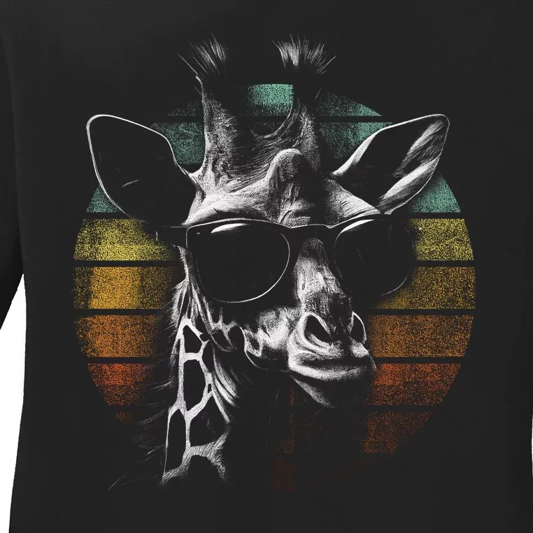 Retro Giraffe Wearing Sun Glasses Ladies Long Sleeve Shirt