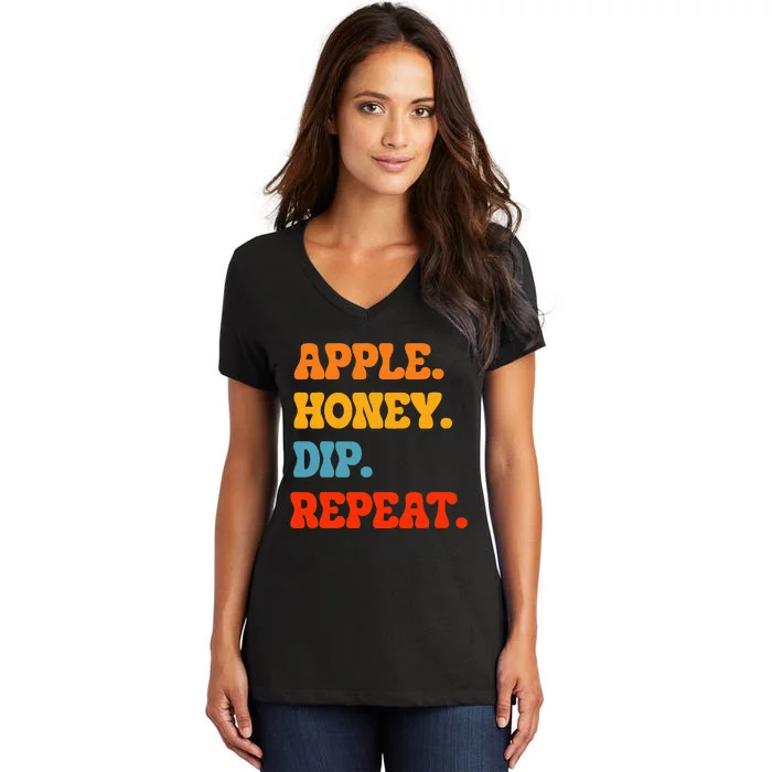 Rosh Hashanah Apple Honey Dip Repeat Jewish New Year Shofar Women's V-Neck T-Shirt