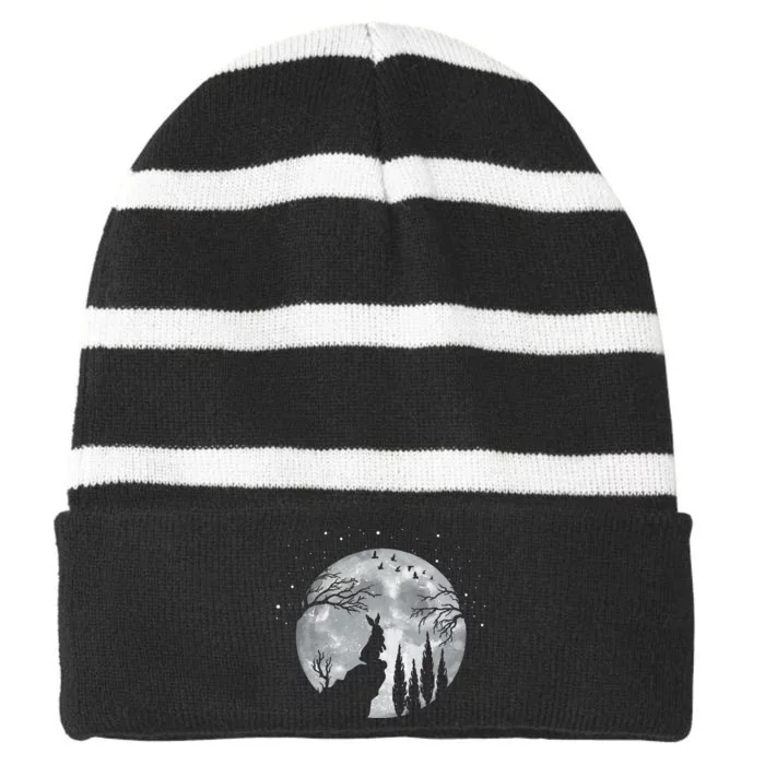 Rabbit Hare Animal Full Moon At Night Funny Pet Bunny Striped Beanie with Solid Band