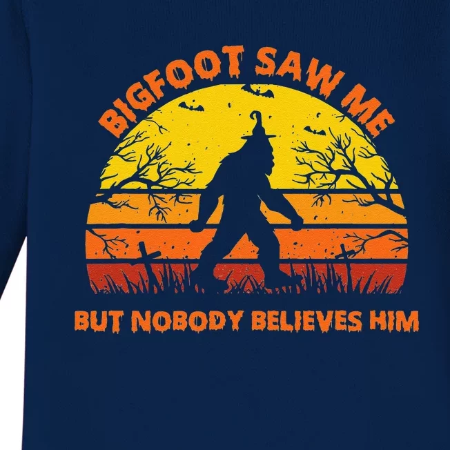 Retro Halloween Bigfoot Saw Me But Nobody Believes Him Baby Long Sleeve Bodysuit