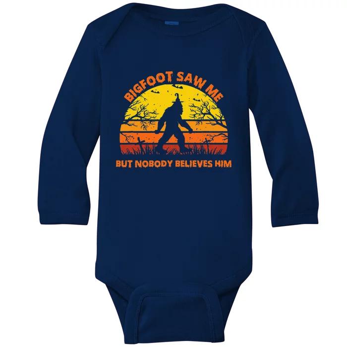 Retro Halloween Bigfoot Saw Me But Nobody Believes Him Baby Long Sleeve Bodysuit