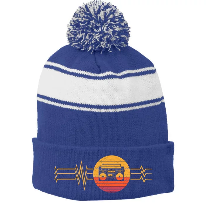 Retro Heartbeat Boombox Music Player Lifeline Vintage Music Gift Stripe Pom Pom Beanie