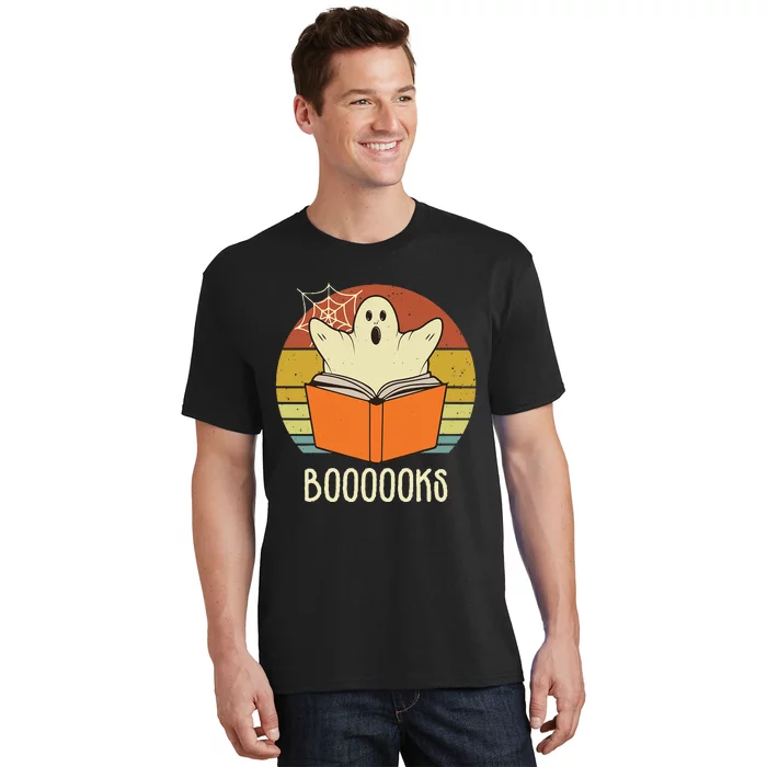 Retro Halloween Booooks Cute Ghost Reading Books Teacher T-Shirt