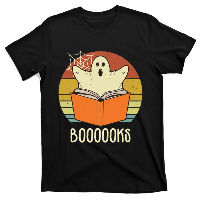 Retro Halloween Booooks Cute Ghost Reading Books Teacher T-Shirt