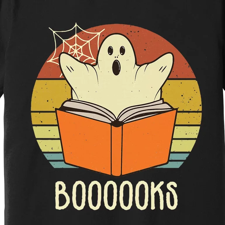 Retro Halloween Booooks Cute Ghost Reading Books Teacher Premium T-Shirt