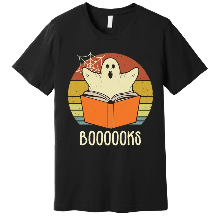 Retro Halloween Booooks Cute Ghost Reading Books Teacher Premium T-Shirt