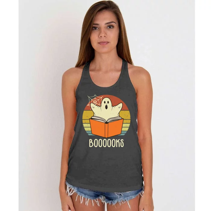 Retro Halloween Booooks Cute Ghost Reading Books Teacher Women's Knotted Racerback Tank