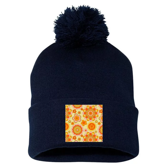 Retro Hippie Colorful Floral Pattern Pom Pom 12in Knit Beanie