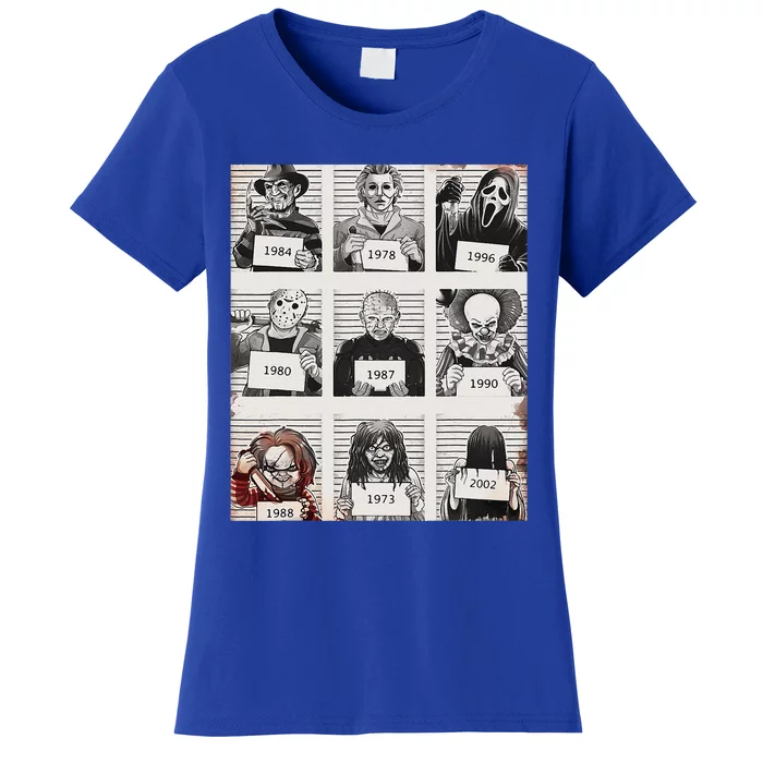 Retro Halloween Creepy Legends Killers Mugshots Horror Fan Women's T-Shirt