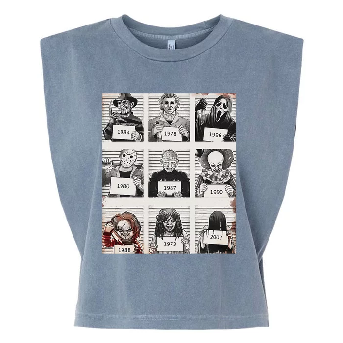 Retro Halloween Creepy Legends Killers Mugshots Horror Fan Garment-Dyed Women's Muscle Tee