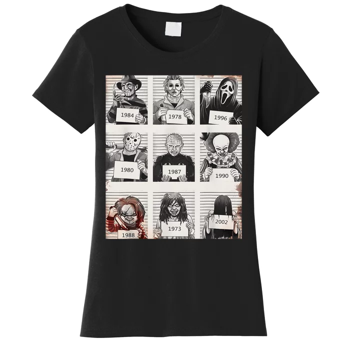 Retro Halloween Creepy Legends Killers Mugshots Horror Fan Women's T-Shirt