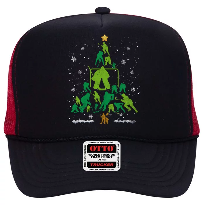 Retro Hockey Christmas Tree Xmas Hockey Player Lover Gift High Crown Mesh Trucker Hat