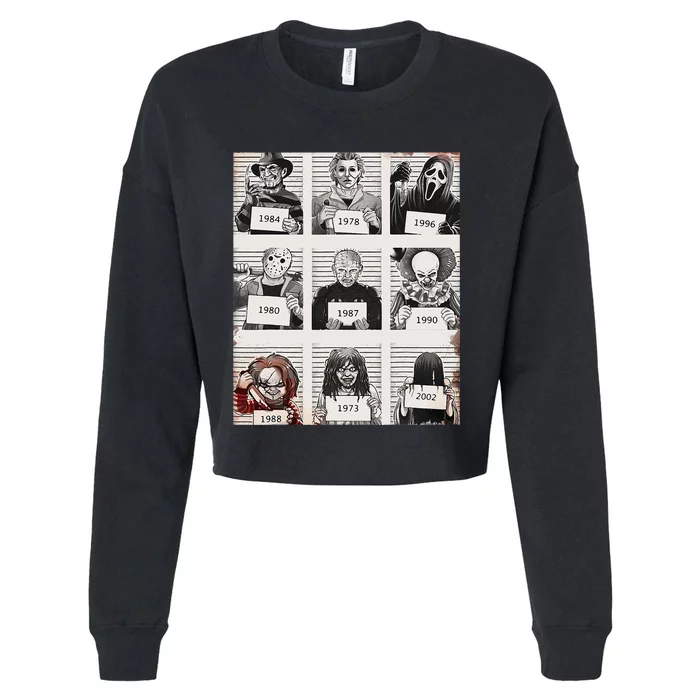 Retro Halloween Creepy Legends Killers Mugshots Horror Fan Cropped Pullover Crew