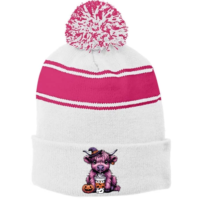 Retro Highland Cow Witch Halloween Highland Cow Lover Women Stripe Pom Pom Beanie