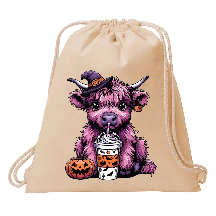 Retro Highland Cow Witch Halloween Highland Cow Lover Women Drawstring Bag