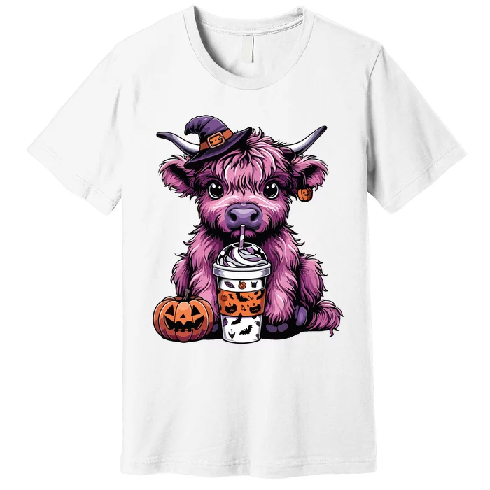 Retro Highland Cow Witch Halloween Highland Cow Lover Women Premium T-Shirt