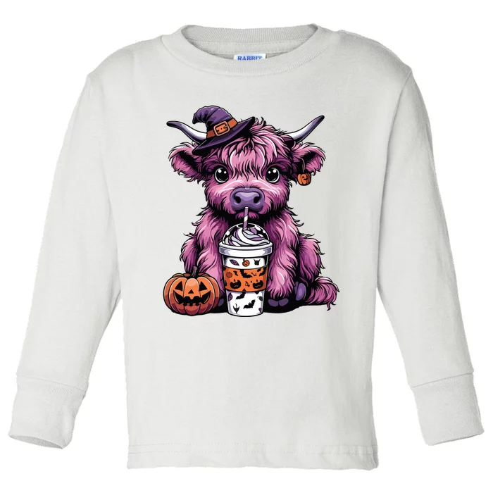 Retro Highland Cow Witch Halloween Highland Cow Lover Women Toddler Long Sleeve Shirt