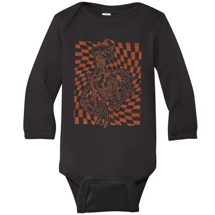 Retro Howdy Cowboy Skeleton With Cowboy Hat And Horse Baby Long Sleeve Bodysuit