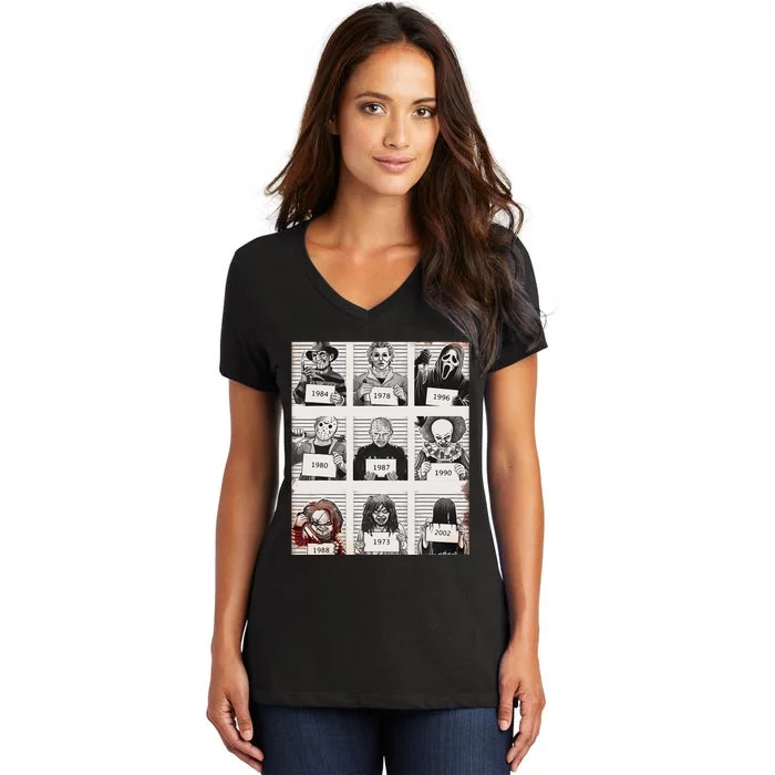 Retro Halloween Creepy Legends Killers Mugshots Horror Fan Women's V-Neck T-Shirt