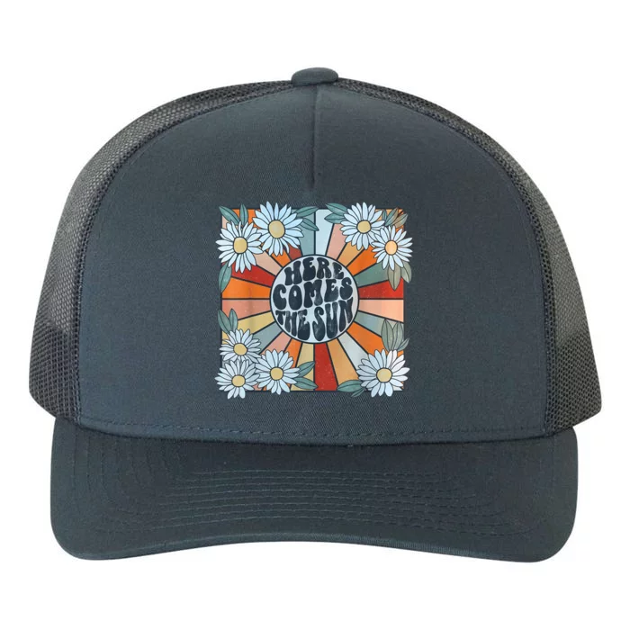 Retro Here Comes The Sun Floral Summer Family Vacation Happy Yupoong Adult 5-Panel Trucker Hat