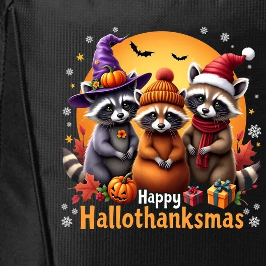 Raccoon Halloween Christmas Thanksgiving 2024 Hallothanksmas Gift City Backpack