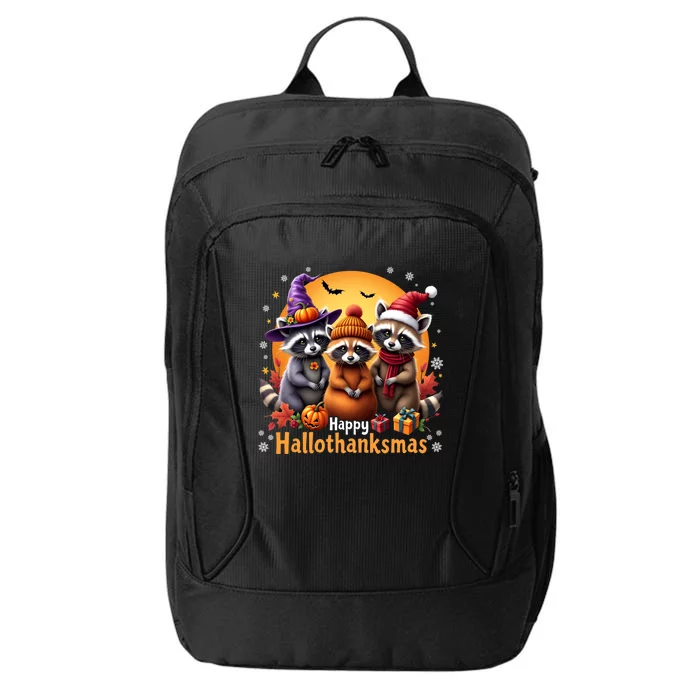 Raccoon Halloween Christmas Thanksgiving 2024 Hallothanksmas Gift City Backpack