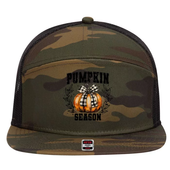 Retro Halloween Coquette Bow Pumpkin Season 7 Panel Mesh Trucker Snapback Hat