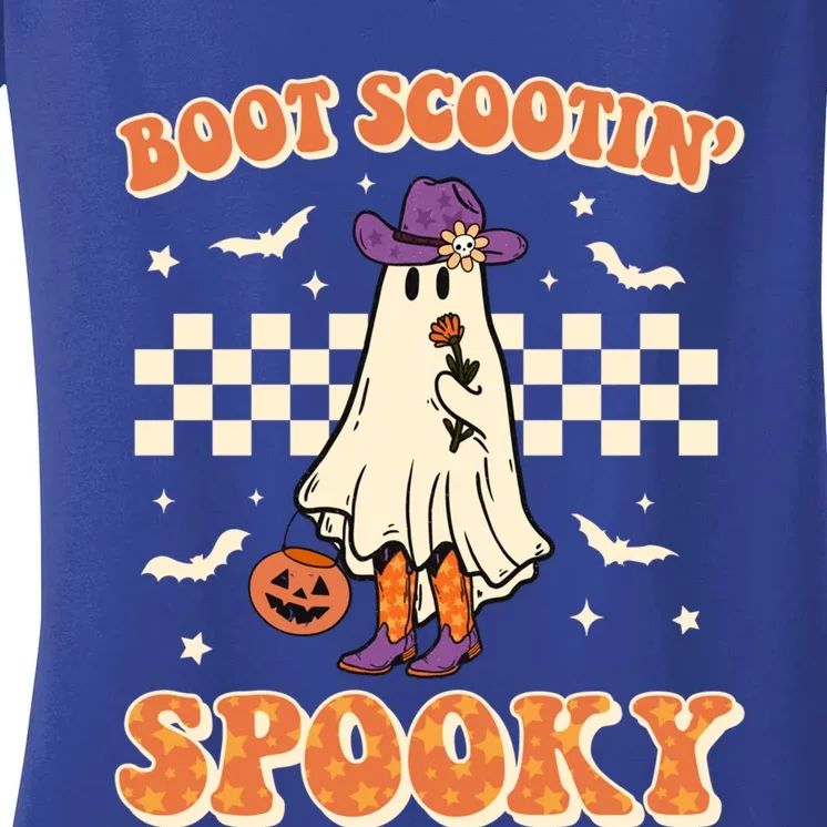 Retro Halloween Cow Ghost Western Boot Scootin Spooky Gift Women's V-Neck T-Shirt