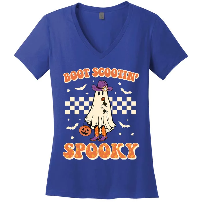 Retro Halloween Cow Ghost Western Boot Scootin Spooky Gift Women's V-Neck T-Shirt