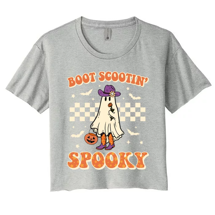 Retro Halloween Cow Ghost Western Boot Scootin Spooky Gift Women's Crop Top Tee