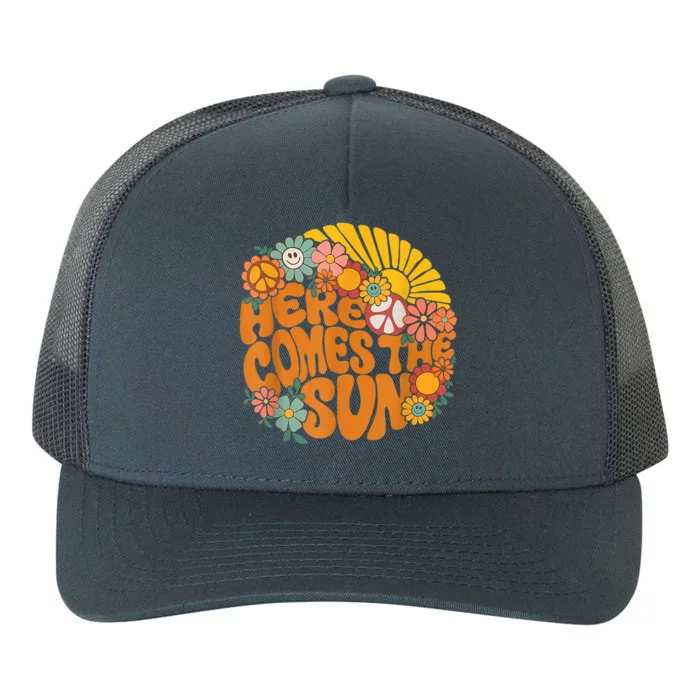 Retro Here Comes The Sun Floral Summer Family Vacation Happy Yupoong Adult 5-Panel Trucker Hat