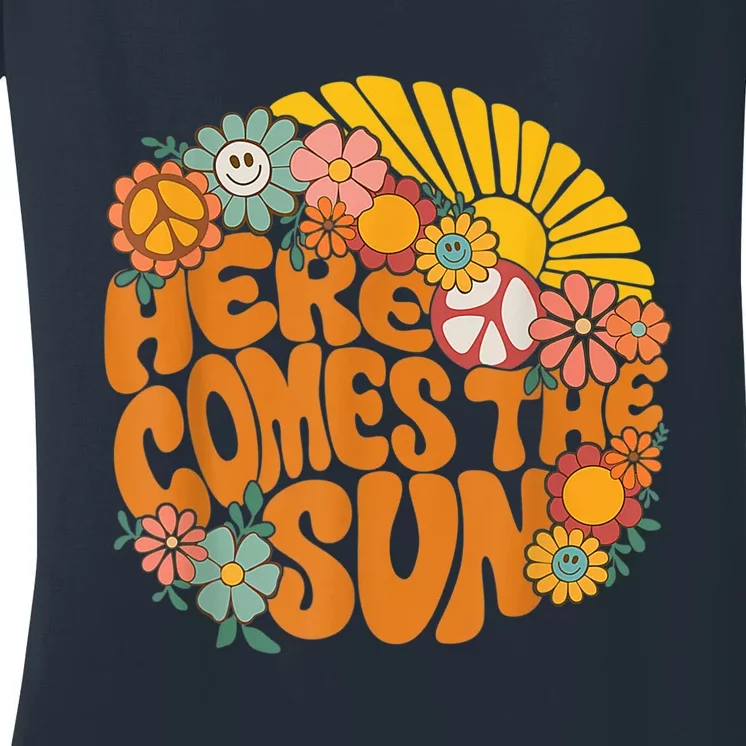 Retro Here Comes The Sun Floral Summer Family Vacation Happy Women's V-Neck T-Shirt