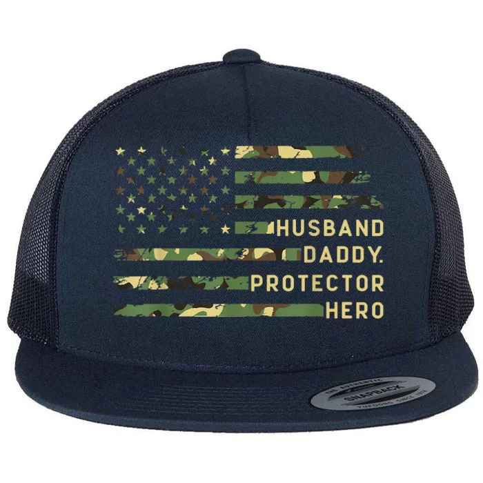 Retro Husband Daddy Protector Hero Fathers Day For Dad Flat Bill Trucker Hat