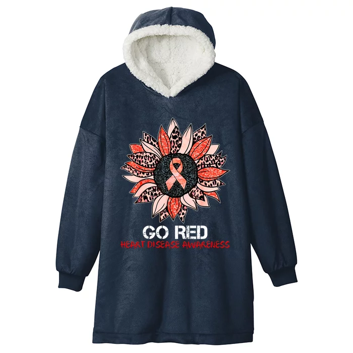 Red Heart Disease Awareness Month Ribbon Sunflower Gift Hooded Wearable Blanket