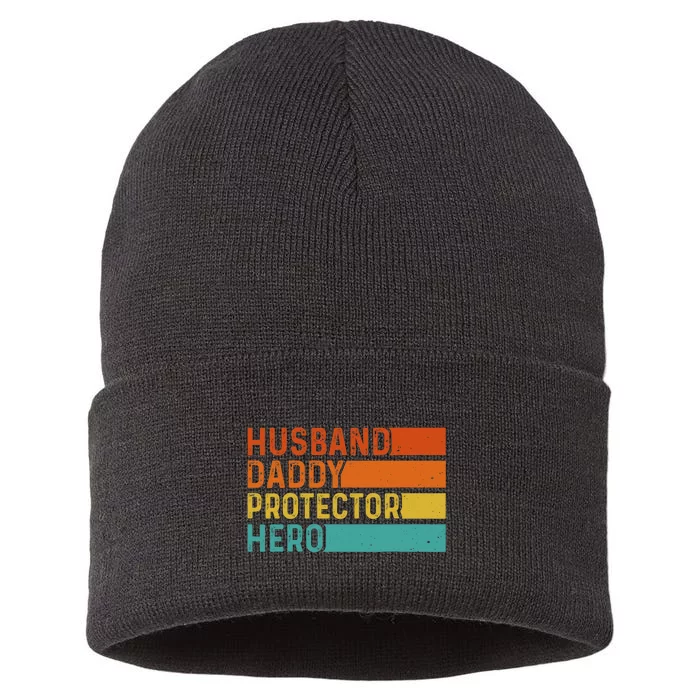 Retro Husband Daddy Protector Hero Fathers Day For Dad Sustainable Knit Beanie