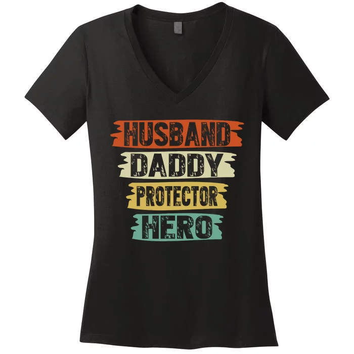 Retro Husband Daddy Protector Hero Fathers Day For Dad Women's V-Neck T-Shirt