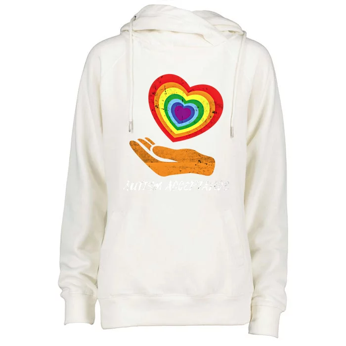 Rainbow Heart Design Acceptance Utism Distressed Meaningful Gift Womens Funnel Neck Pullover Hood