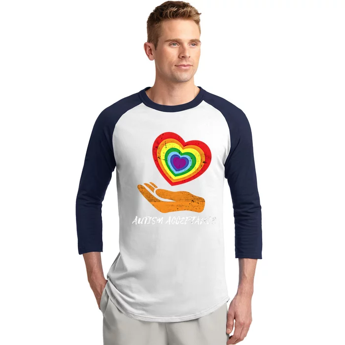 Rainbow Heart Design Acceptance Utism Distressed Meaningful Gift Baseball Sleeve Shirt