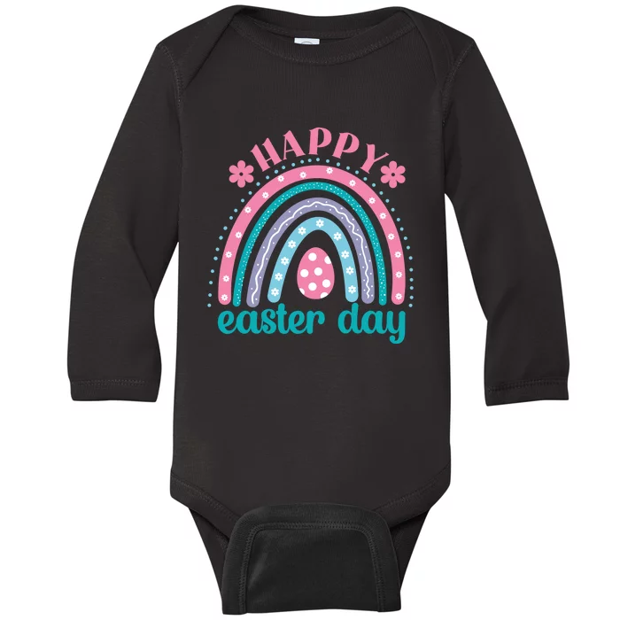 Rainbow Happy Easter Day Funny Bunny Easter Day Baby Long Sleeve Bodysuit