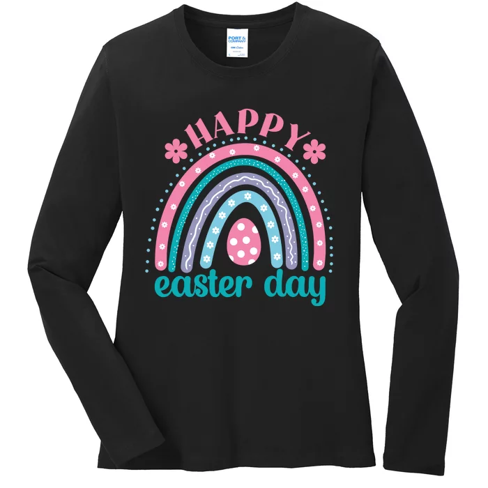 Rainbow Happy Easter Day Funny Bunny Easter Day Ladies Long Sleeve Shirt