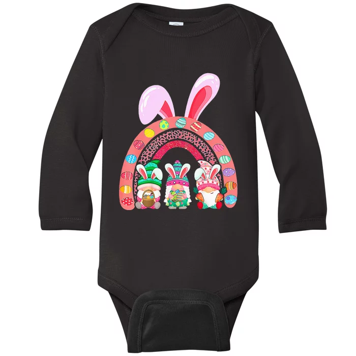 Rainbow Happy Easter Day Cute Gnome Easter Bunny Baby Long Sleeve Bodysuit