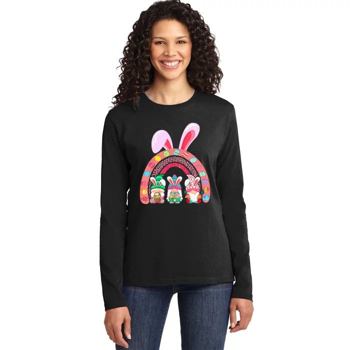 Rainbow Happy Easter Day Cute Gnome Easter Bunny Ladies Long Sleeve Shirt