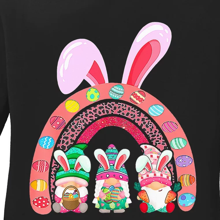 Rainbow Happy Easter Day Cute Gnome Easter Bunny Ladies Long Sleeve Shirt